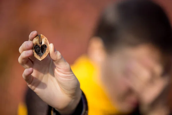 Woman holding bad rotten nut inside like a heart, concept of problem relations