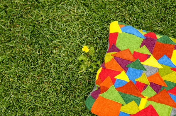 Colorful Handmade Pillow Green Grass Background — Stock Photo, Image