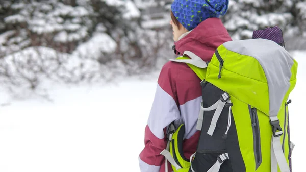 Back View Tourist Backpack Hiking Winter — Stock Photo, Image