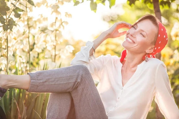 Happy Cheerful Young Woman Natural Makeup Wearing White Blouse Red — Stock Photo, Image