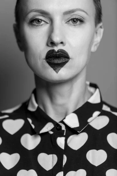 Beautiful Young Woman Make Black Heart Lips Black White — Stock Photo, Image