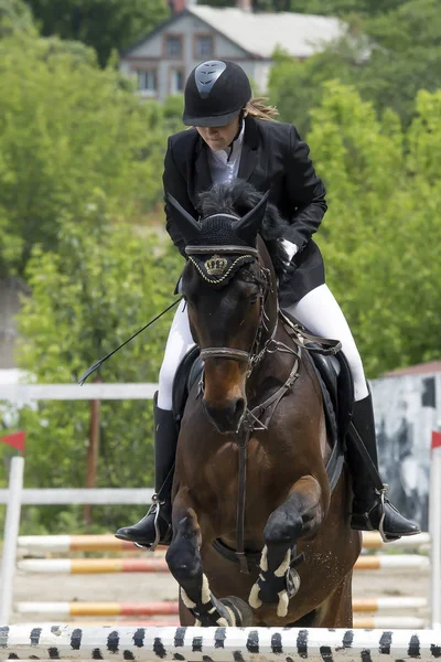 Vladivostok Primorsky Krai Rússia 2018 Ano Cavaleiros Cavalo Superar Obstáculos — Fotografia de Stock