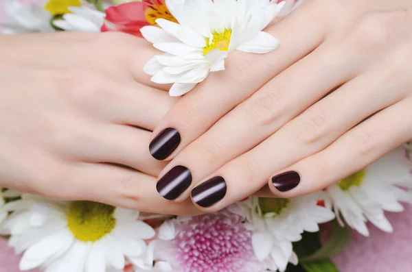 Mãos Femininas Com Design Unhas Escuras Segurando Buquê Flores — Fotografia de Stock