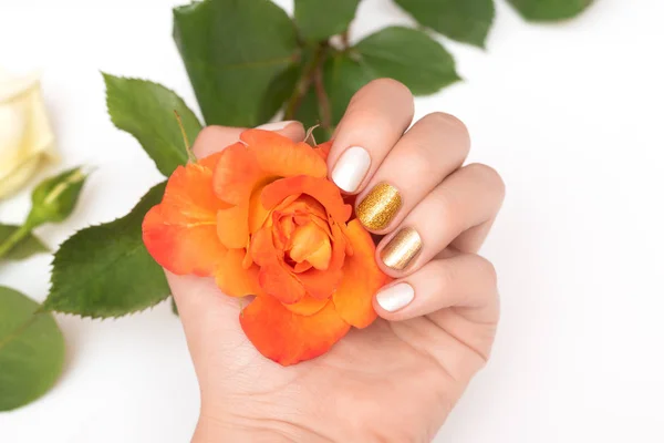 Mão feminina com design de unhas de ouro segurando flor de rosa — Fotografia de Stock