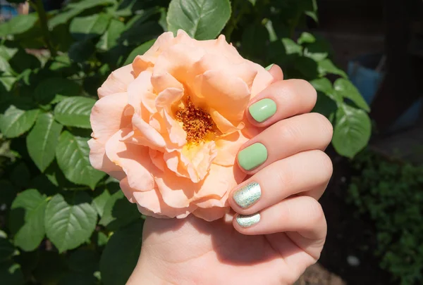 Mão feminina com design de unhas verde segurando flor de rosa — Fotografia de Stock
