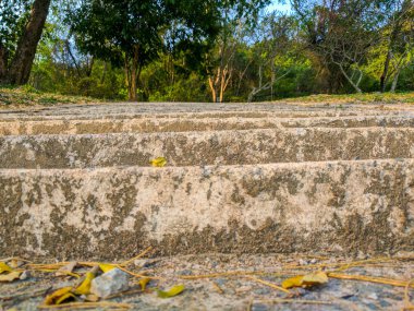 Bahçe içinde closeup eski beton merdiven