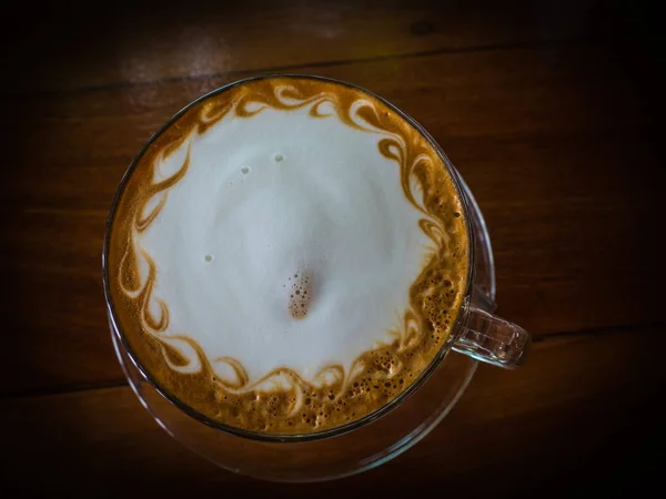 Ovanifrån Latte Art Kaffe Trä Bord — Stockfoto
