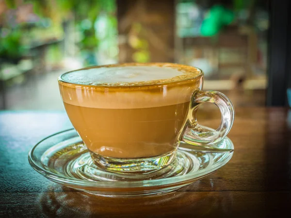 Latérale Latte Art Café Sur Table Bois — Photo