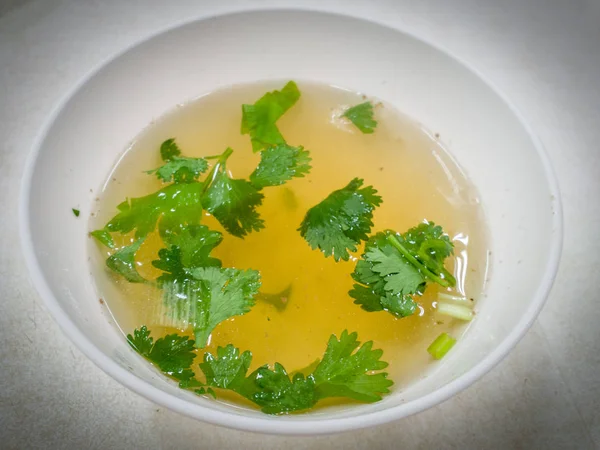 Clear Soup Coriander White Bowl Top View — Stock Photo, Image