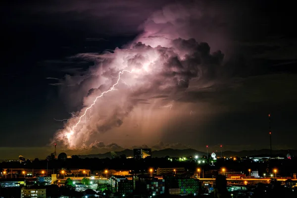 Cloudy Bright Lightning Bolt Strikes Rural Landscape Small City Satellite — Stock Photo, Image