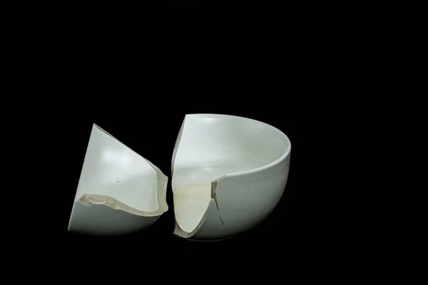 Pieces Broken White Ceramic Bowl Black Background Copyspace Place Text — Stock Photo, Image