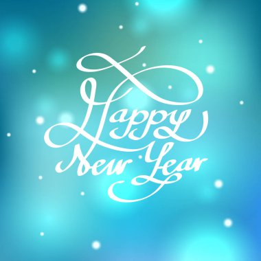 Kar ve mavi backg üzerinde Happy New Year kaligrafi el yazı