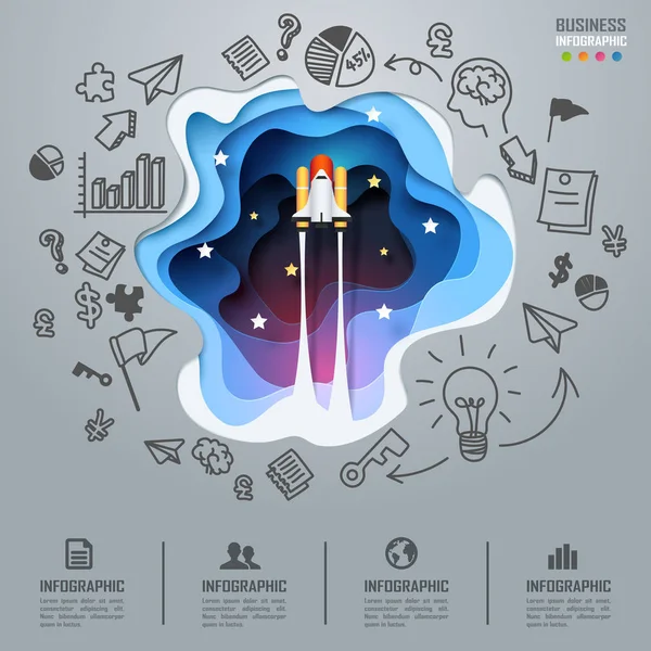 Spaceship launch to space business infographics and diagram, pap — Stock Vector