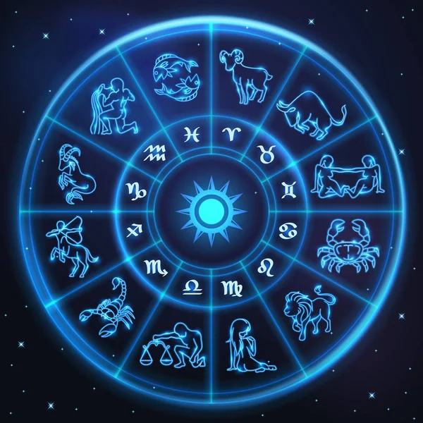 Symboles lumineux du zodiaque et du cercle horoscope, astrologie et mystique — Image vectorielle