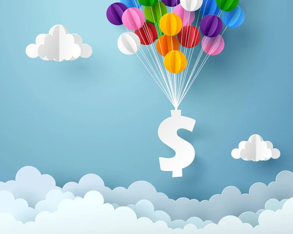 Papper konst av dollar skylt hängande med färgglada ballong, Business — Stock vektor