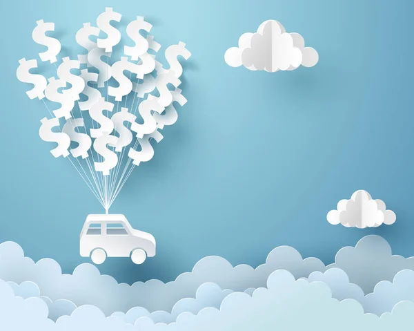 Papper Art of Car hängande med dollartecken ballong, finans och en — Stock vektor
