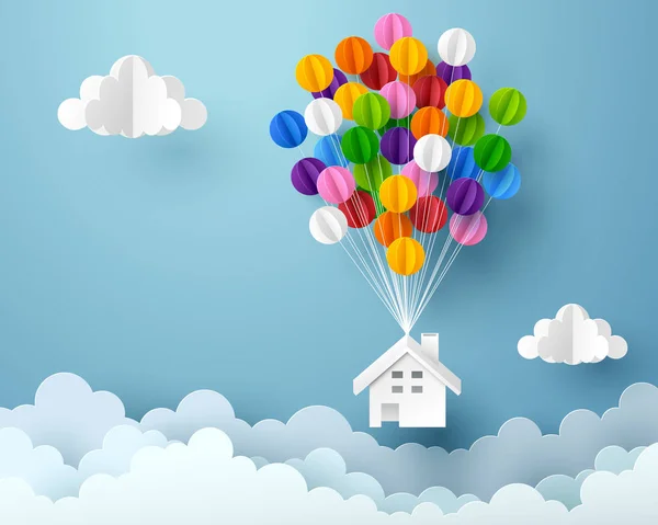 Arte de papel de la casa colgando con globo de colores, negocios y un — Vector de stock