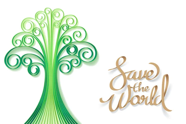Papier kunst van Save the World en een boom, wereld duurzame Enviro — Stockvector