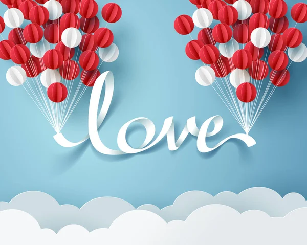 stock vector Paper art of love calligraphy and lettering hang with balloon