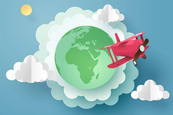 地球から飛び出す赤い飛行機のペーパーアート、スタートアップ — ストックベクタ