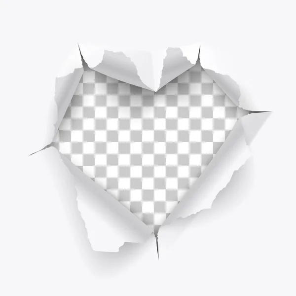 Torn hole and ripped of paper in heart shape on a transparent — Stock Vector