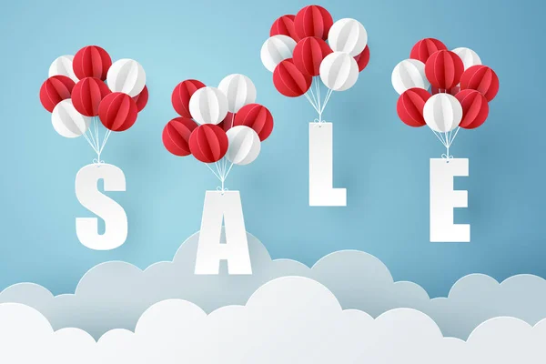 Arte de papel de la venta móvil colgando con globo en el cielo, compras — Vector de stock