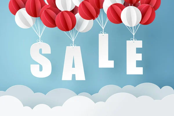 Arte de papel de la venta móvil colgando con globo en el cielo, compras — Vector de stock