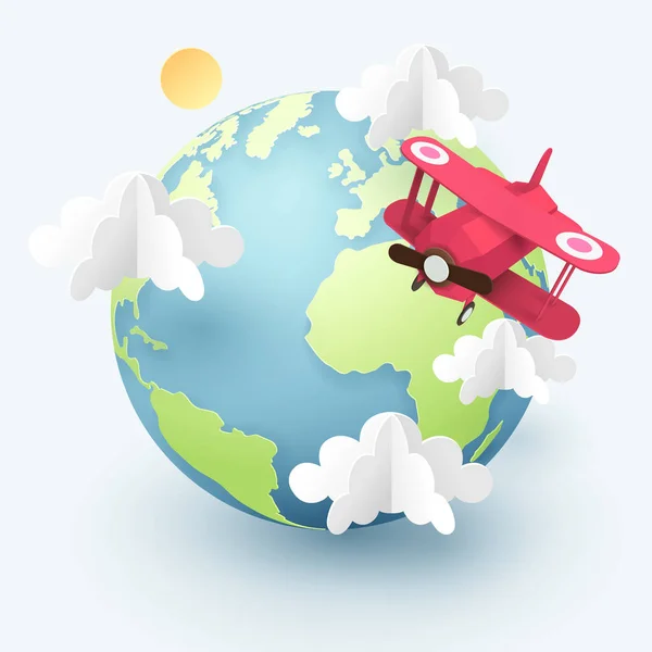 Papierkunst und Origami eines roten Flugzeugs fliegen um die Welt, reisen lizenzfreie Stockillustrationen