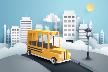 Şehirden kaçan okul otobüsünün kağıt sanatı