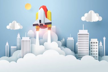 Şehirden gökyüzüne uzay gemisi fırlatma kağıt sanat, başlatmak