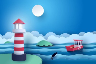 Gece denizde deniz feneri ve küçük tekne kağıt sanatı