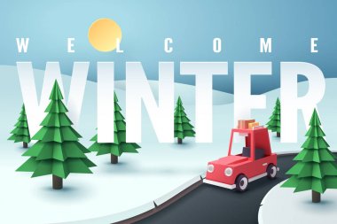 Orman ve kar yakınındaki ülke yolda kırmızı araba durdurmak Kağıt sanat