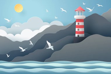 Deniz Feneri ve deniz, origami ve seyahat konsepti kağıt sanatı