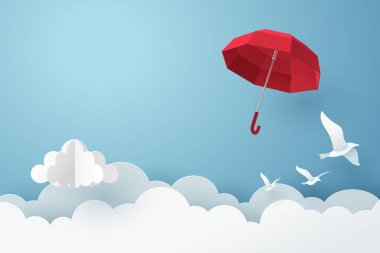 Kırmızı şemsiye kağıt sanatı gökyüzünde bulut üzerinde sinek