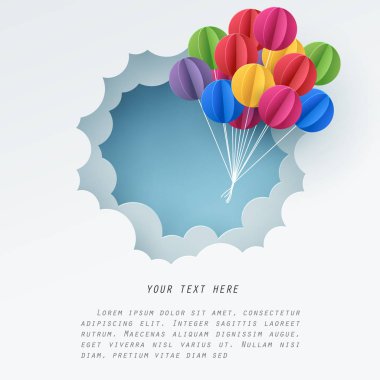 Renkli balon kağıt sanat beyaz bir bulut üzerinden sinek