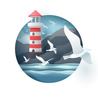 Deniz Feneri ve deniz, origami ve seyahat konsepti kağıt sanatı