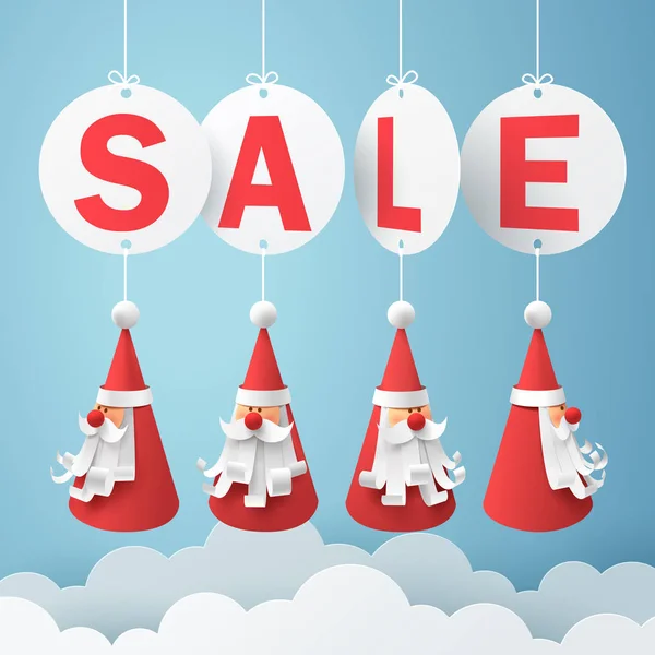 Arte de papel de venta y móvil de Santa Claus colgando en el cielo — Vector de stock
