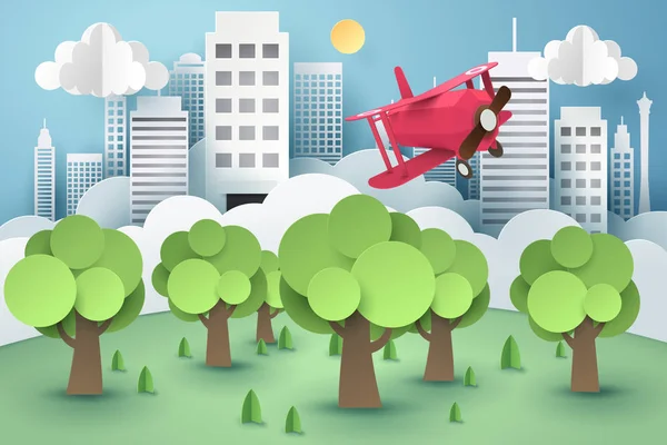 Paper art of pink plane flying above forest and city