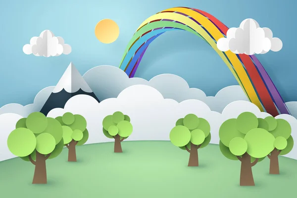 Arte de papel de floresta e arco-íris, ambiente sustentável mundial — Vetor de Stock