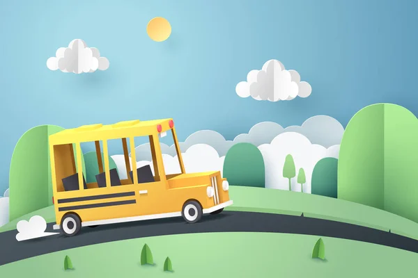 Art du papier d'autobus scolaire circulant sur la route de campagne, retour à l'école — Image vectorielle