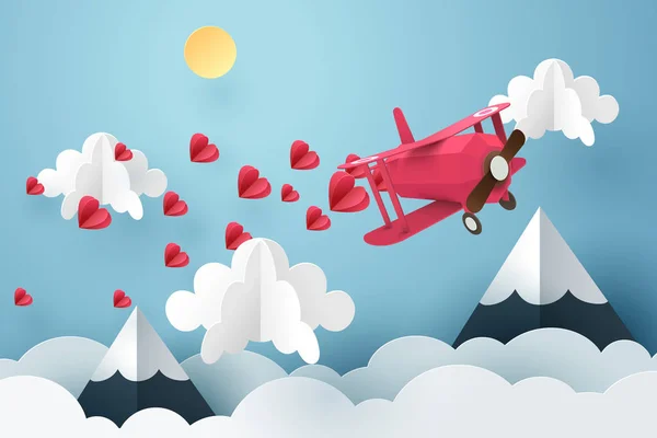 Papierkunst von rosa Flugzeug fliegen und Herz in den Himmel streuen — Stockvektor
