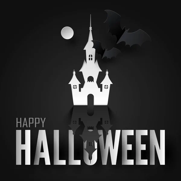 Arte de papel de feliz Halloween, un murciélago volar fuera del castillo abierto — Vector de stock