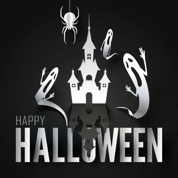 Art du papier d'Halloween heureux, un fantôme voler hors de la fonte ouverte — Image vectorielle