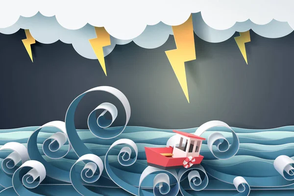 嵐の中で狂気の海と雷に対するボートの紙の芸術 — ストックベクタ