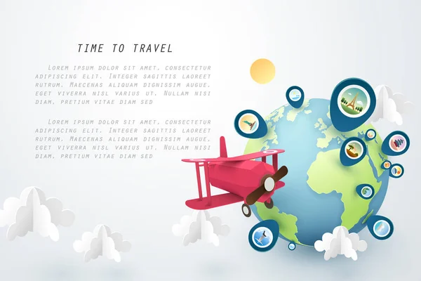 Tempo para viajar, arte de papel de avião vermelho voar ao redor do mundo — Vetor de Stock