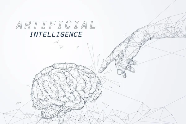 Створення ШІ, руки збираються доторкнутися до мозку — стоковий вектор
