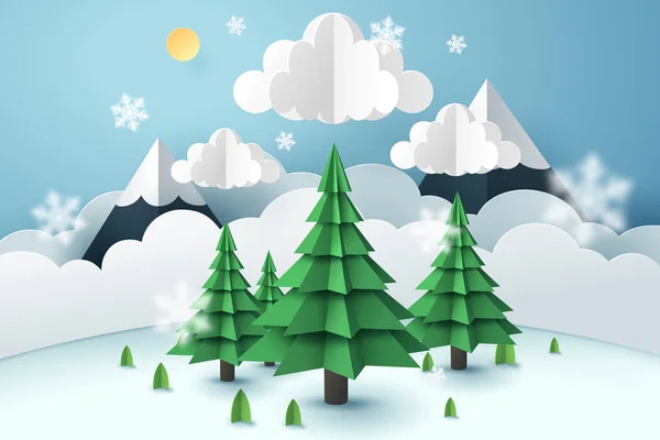 Paper art of tree and winter season — Stock Vector