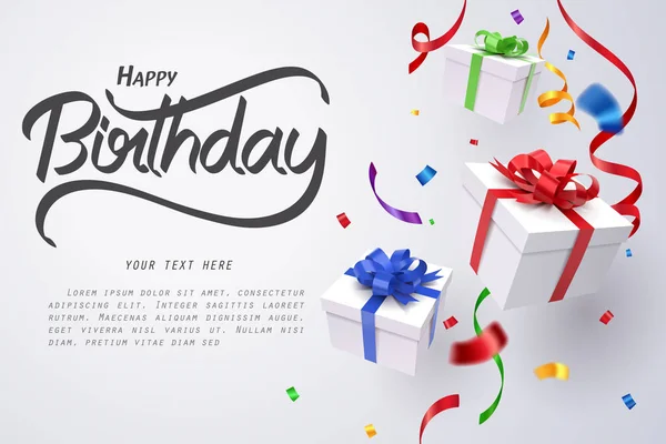 Caída de la caja de regalo y feliz cumpleaños caligrafía, feliz cumpleaños — Vector de stock
