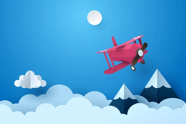 Χάρτινη τέχνη του αεροπλάνου που πετάει μέσα από σύννεφα τη νύχτα, χαρτί τέχνης — Διανυσματικό Αρχείο