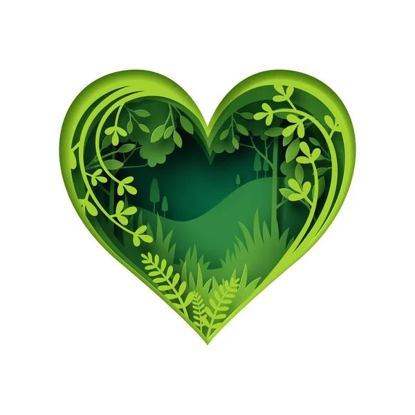 Papper rista till grön skog hjärta form, papper konst koncept — Stock vektor